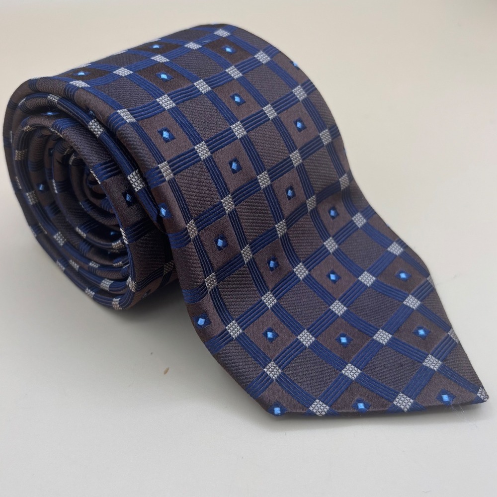 Hart Schaffner Marx Silk Tie Mens Brown Blue Geometric Professional Old Money
